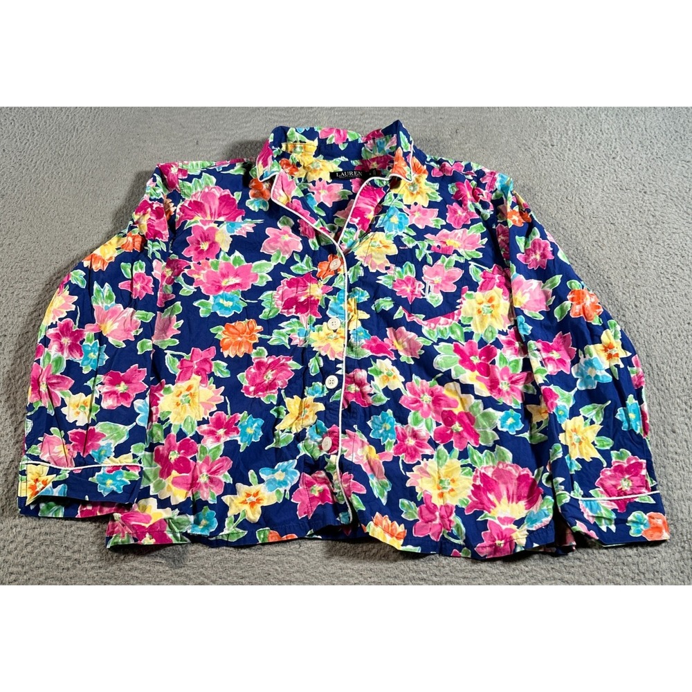 Lauren Ralph Lauren Pajama Top Women XL Blue Floral Print Sleepwear Button Front